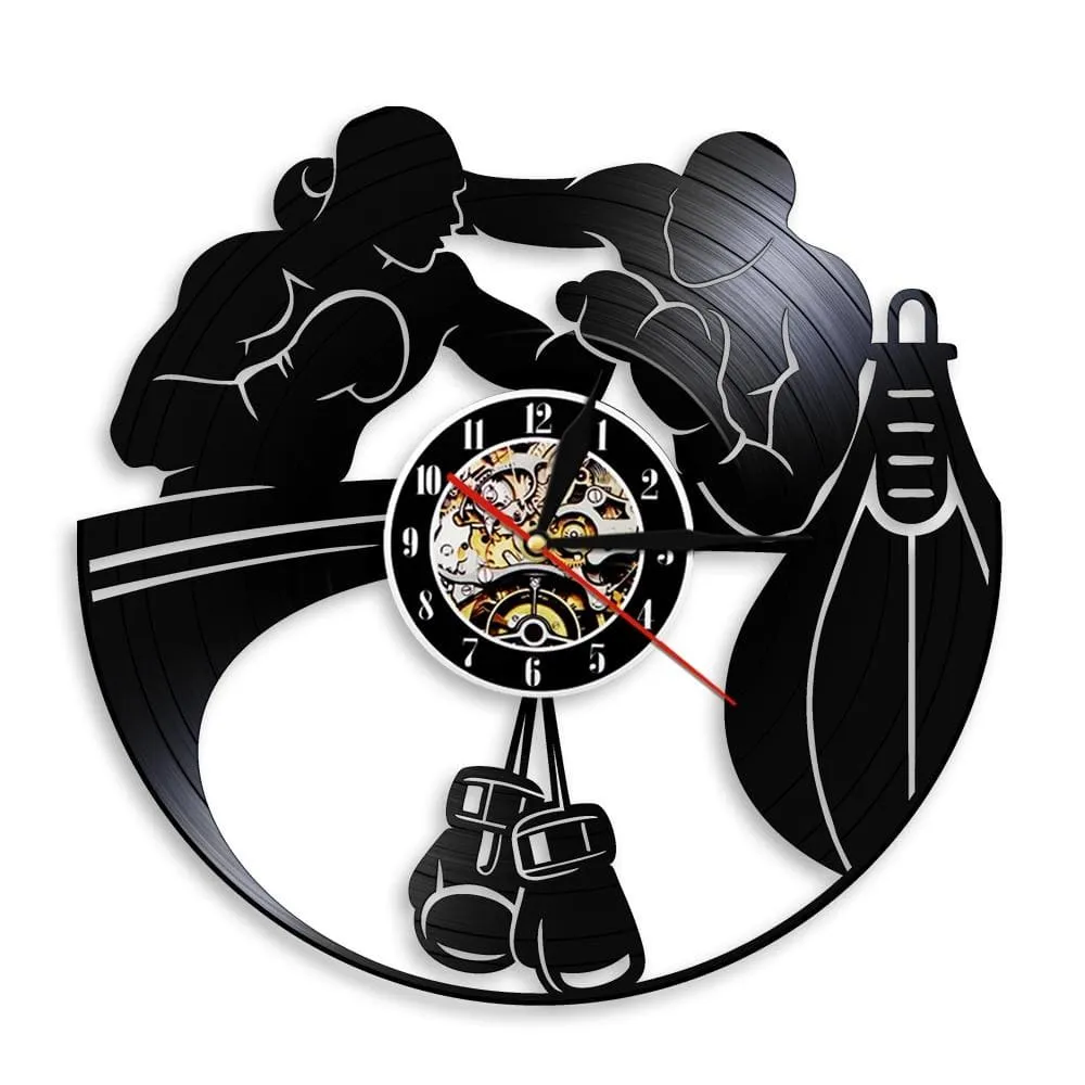 Boxing Home Decor Led Vinyl Record Wall Clock Boxing Gloves Punching Bag