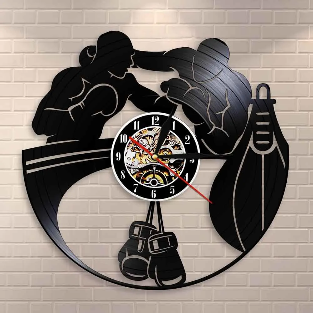 Boxing Home Decor Led Vinyl Record Wall Clock Boxing Gloves Punching Bag