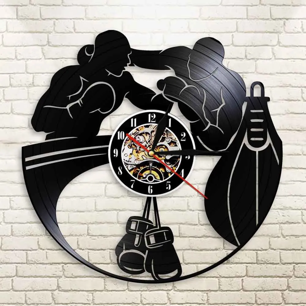 Boxing Home Decor Led Vinyl Record Wall Clock Boxing Gloves Punching Bag