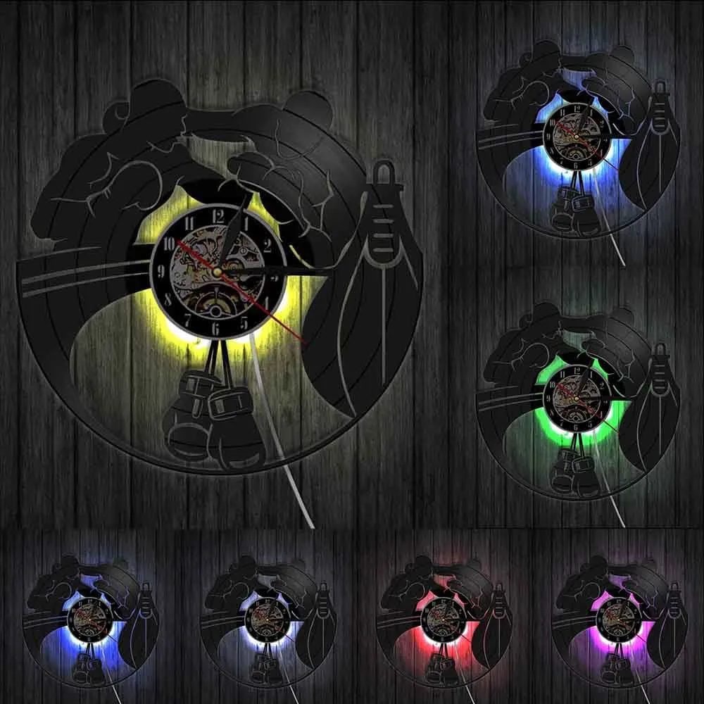 Boxing Home Decor Led Vinyl Record Wall Clock Boxing Gloves Punching Bag