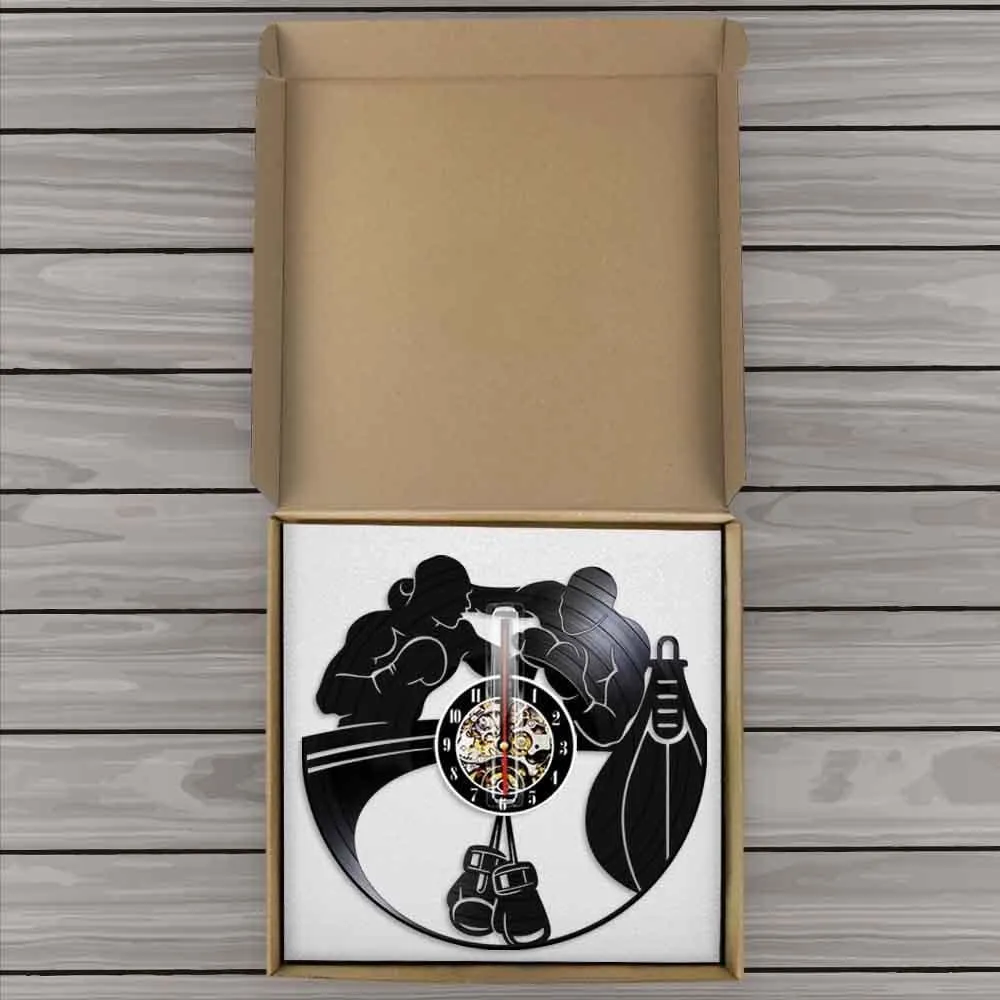 Boxing Home Decor Led Vinyl Record Wall Clock Boxing Gloves Punching Bag