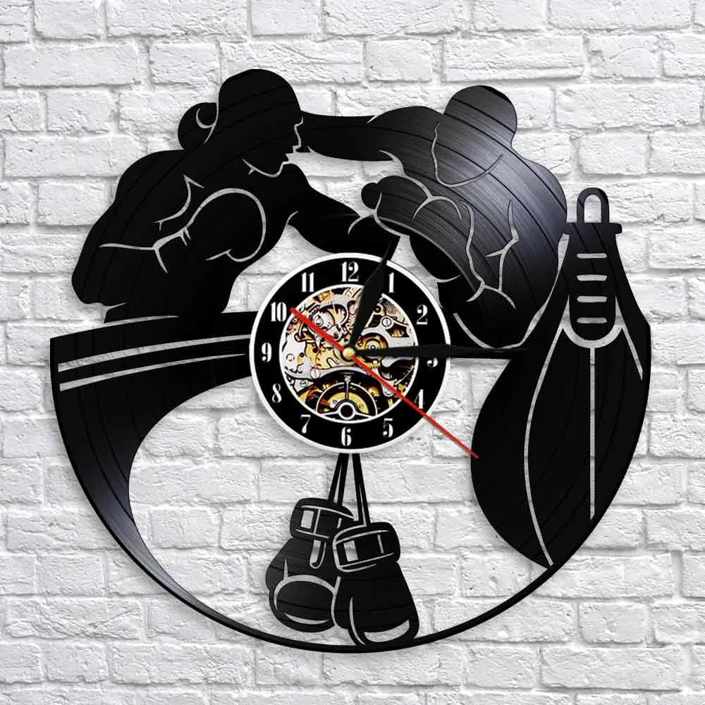 Boxing Home Decor Led Vinyl Record Wall Clock Boxing Gloves Punching Bag