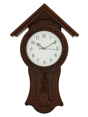 CHRONIKLE Decorative Plastic Hut Style Analog English Numbers Fancy Pendulum Wall Clock for Living Room Home Decoration Gifts (Size: 32.5 x 7 x 53 CM | Weight: 810 Gram | Color: Rosewood)