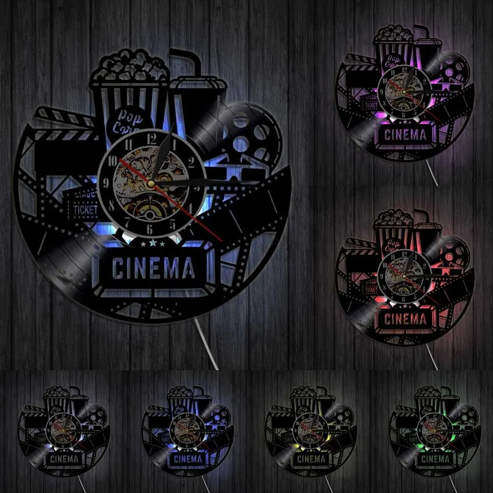 Cinema Production Clock Movie Theater Sign Popcorn Vinyl Record Led Vinyl Record