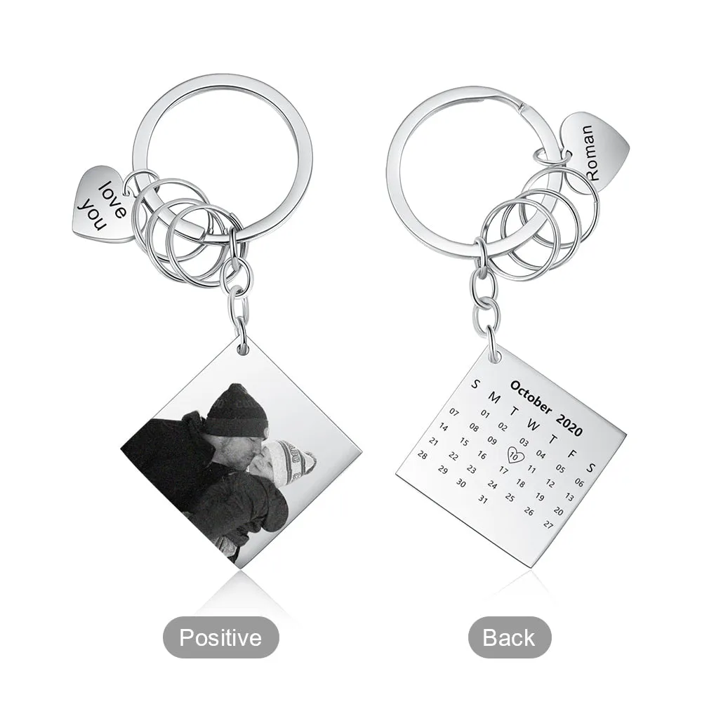 Customized Square Photo And Date Engraved Calendar Keychains