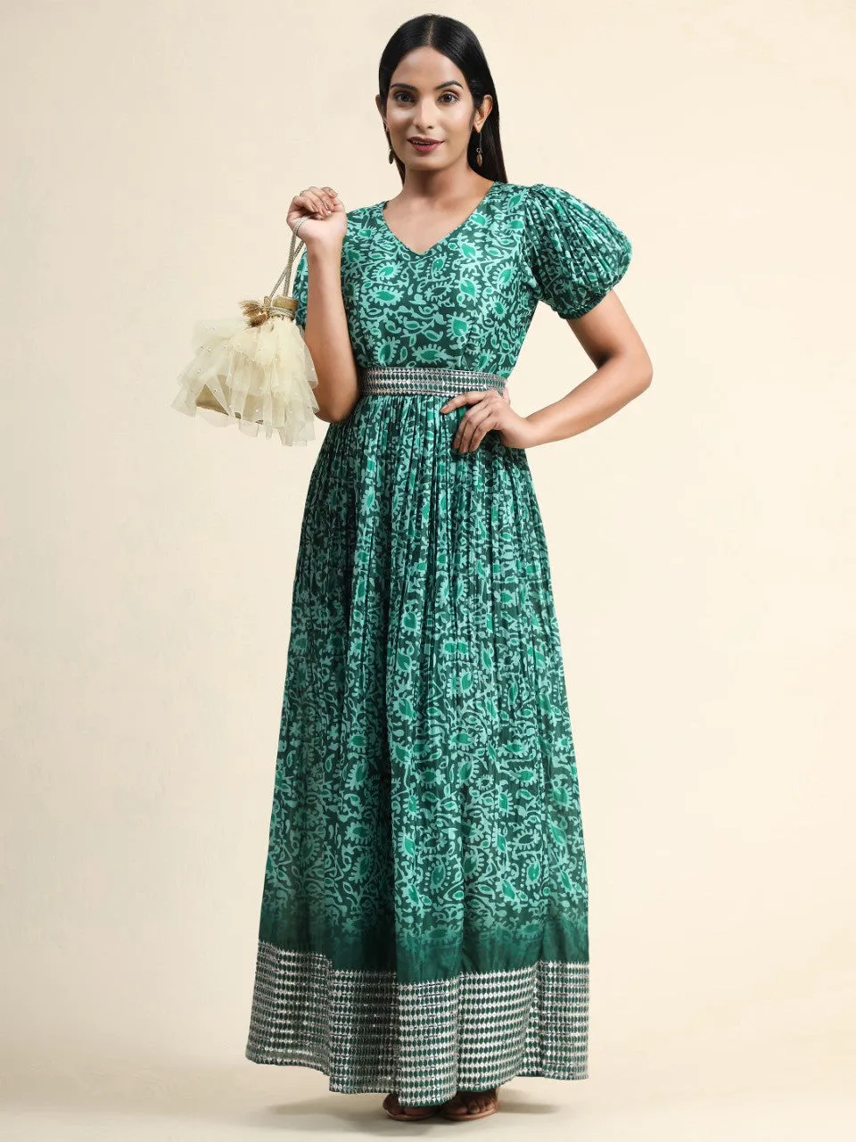 Dark Green Organza Long Gown For Women