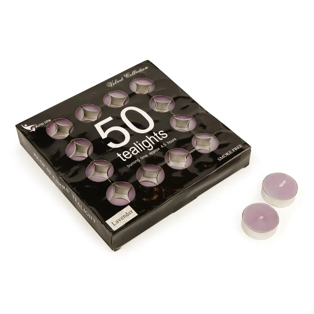 Kriti Life Tea Lights | 4.5 Hours | Natural Fragrence (Lavender) | Perfumed Candles Perfect for Festival Decoration, Room Decoration Set of 50pcs Candles