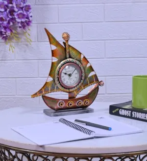PREET SPICE Handcrafted Metal Ship Clock Table Stand - 28x6x29 cm Decorative Nautical Timepiece, Vintage Sailing Ship Clock for Home Decor