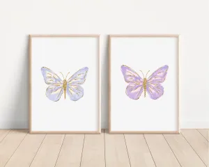 Purple Butterflies Set of 2 Nursery Art Prints,  Butterfly Wall Art, Glitter Nursery Decor, Play Room, Girl Baby Room Ideas, 032