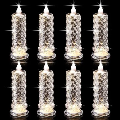 The Decor Affair 8 Pcs Rose Shadow Flameless Candles 2.5 x 7 Inches - Flickering LED Crystal Pillar Candles with Batteries Included - Perfect for Creating a Romantic Atmosphere